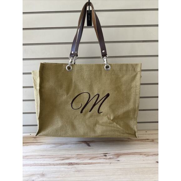 Unbranded Handbags - Natural Burlap Jute Tote Bag w/leather handles 17x7x12" M On The Front